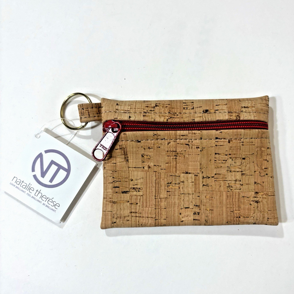 Natalie Therese Cork Wallet "Be Organized" Red Zipper USA Minimalist Natural